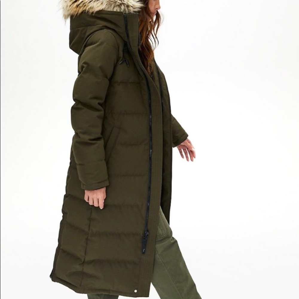 Aritzia Olive Green Puffer Coat with Fur Hood